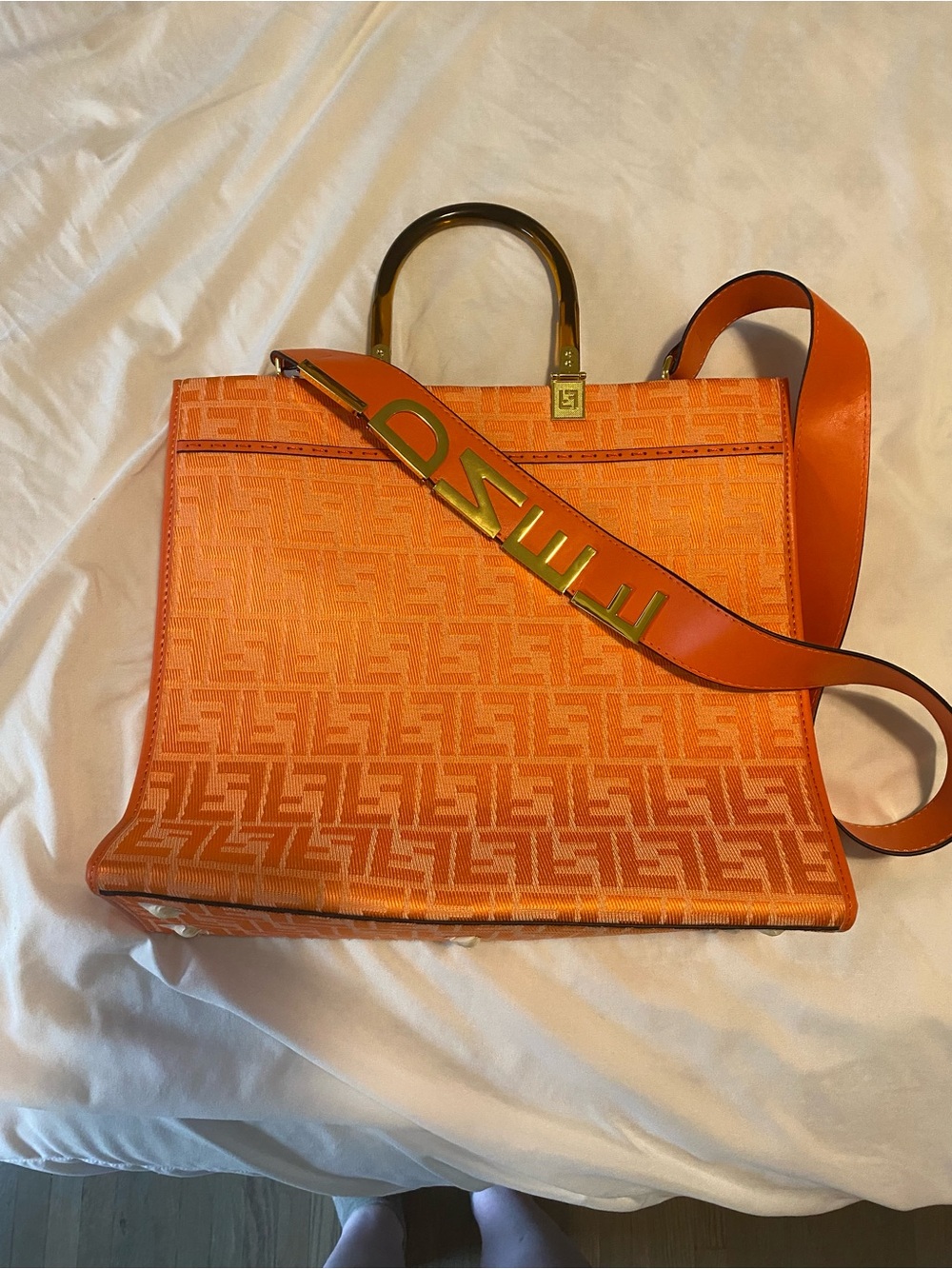 Orange Fendi Top Handle Tote with Logo Strap